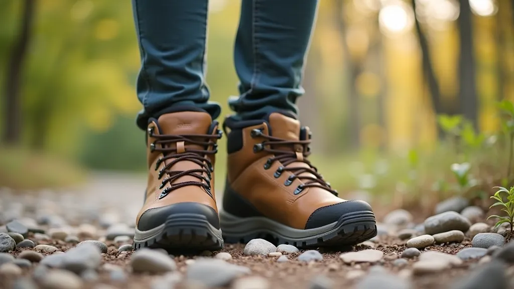Turistické boty s silnější podrážkou na kamenité cestě, detailní záběr
