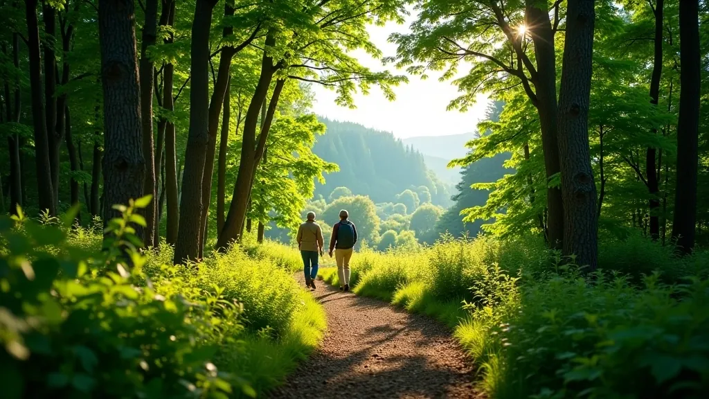 Lesní stezka v Podyjí s pohledem na údolí mezi stromy