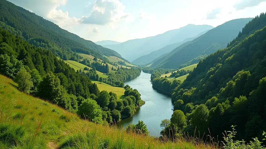 Pohled na údolí Dyje s řekou a zelením, od mirador