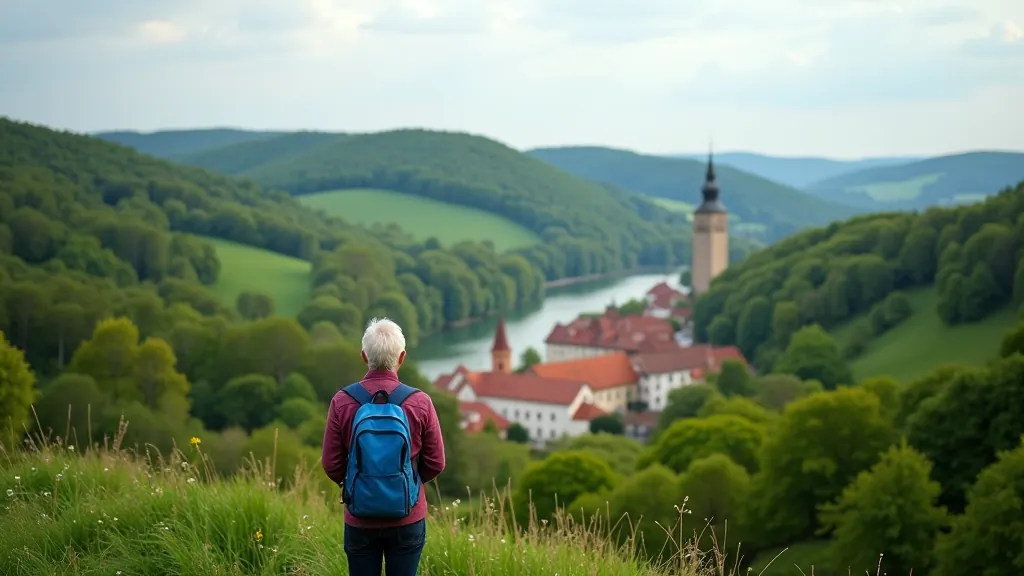 Výhled na Znojmo z vrchu, staré město s věží v dálce, řeka Dyje, zelené kopce